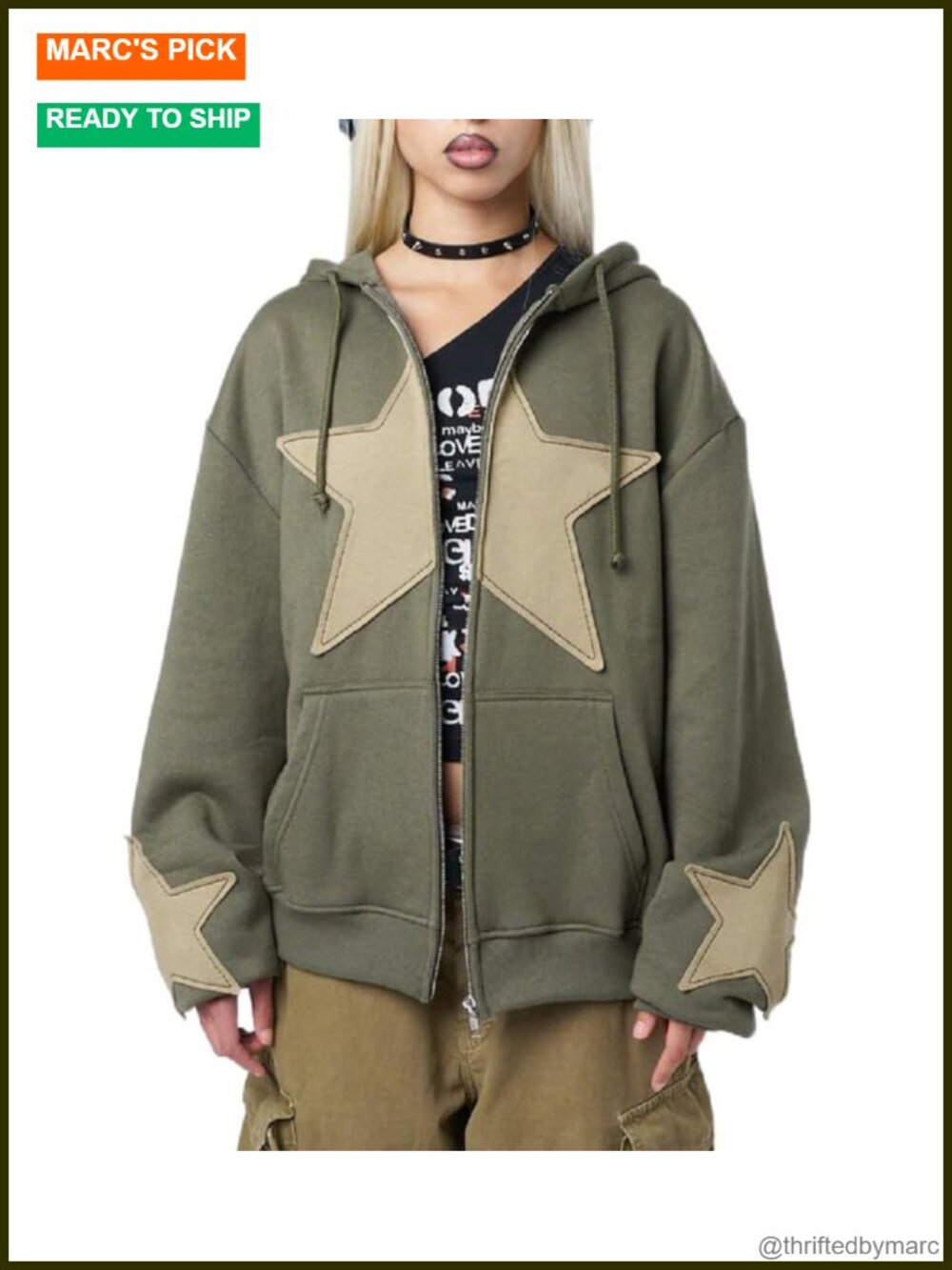 Y2K Zip Up Hoodie Star Printed Oversized Sweatshirt Grunge Graphic Hooded